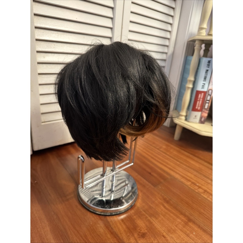 Mayde Beauty Layered Asymmetrical Bob Dark Honey Highlights Bangs Wig - Picture 2 of 6